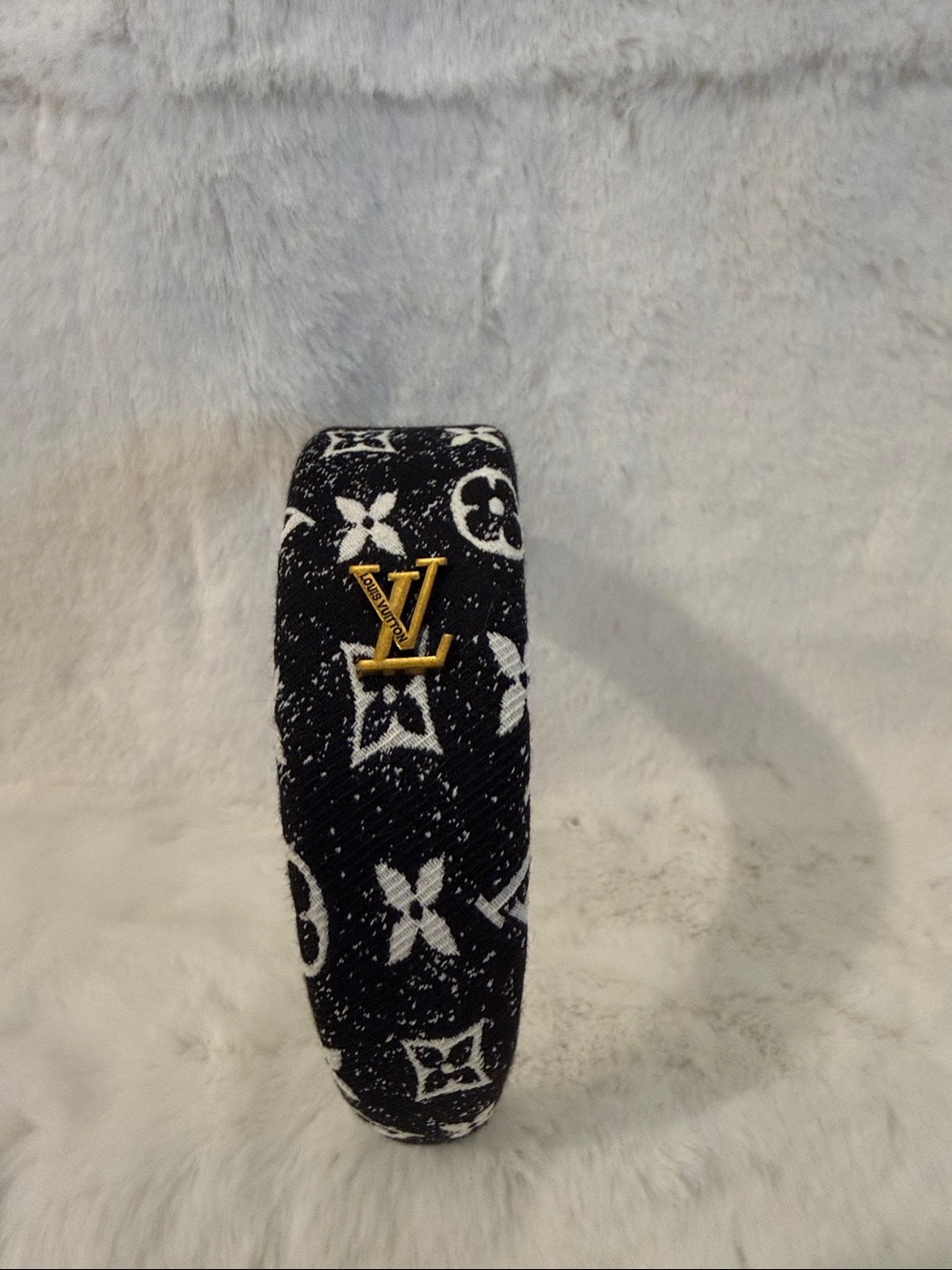 NWOT Source Unknown Black Denim-Style Monogram Headband with Gold Emblem